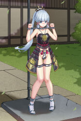  ankle_cuffs architecture armor armored_dress ayaka_(genshin_impact) bare_legs blue_eyes blue_hair blunt_bangs blunt_tresses blush bound bound_legs chastity_belt chastity_bra chinese_knot cuffs east_asian_architecture falling_leaves genshin_impact grass haimei1980 hair_ornament high_heels highres humiliation japanese_armor leaf outdoors pillory pole ponytail restrained shackles tabi tree 