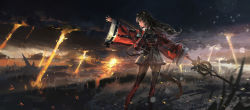  absurdres arknights belt black_hair breasts cat_tail cloud cloudy_sky commentary_request earrings feet_out_of_frame from_side grass highres holding holding_weapon jewelry long_hair long_sleeves medium_breasts miniskirt pantyhose reaching reaching_towards_viewer skirt sky skyfire_(arknights) solo standing tail wavy_hair weapon wide_sleeves yellow_eyes ying_yi  rating:Sensitive score:16 user:danbooru