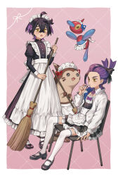  2boys alternate_costume apron black_bow black_dress black_footwear black_hair bow broom chair clone clothed_pokemon creatures_(company) crossdressing crossed_bangs dress dual_persona enmaided furret game_freak gen_2_pokemon gen_4_pokemon hair_bow highres holding holding_broom jacket kieran_(pokemon) long_sleeves maid maid_headdress male_focus meno_oku mole mole_on_neck multicolored_hair multiple_boys nintendo open_clothes open_jacket open_mouth pokemon pokemon_(creature) pokemon_sv porygon-z purple_bow purple_hair shoes sitting sweat thighhighs trap white_apron white_thighhighs yellow_eyes 