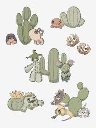  +_+ :&lt; :3 blue_eyes bramblin bright_pupils brown_eyes cacnea cacturne cactus closed_mouth commentary creatures_(company) dwebble flower game_freak gen_3_pokemon gen_4_pokemon gen_5_pokemon gen_6_pokemon gen_7_pokemon heliolisk highres hippopotas hippopotas_(male) looking_at_viewer maractus nintendo no_humans open_mouth pink_flower pokemon pokemon_(creature) simple_background smile sumi_fms symbol-only_commentary togedemaru trapinch white_background white_pupils yellow_eyes 