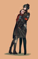  2girls android ariane_yeong black_hair black_jacket blue_eyes blush boots clone cuddling cyberpunk cyborg earmuffs elster_(signalis) embarrassed fez_hat hands_in_pockets highres hugging_each_other jacket kaniya22400252 military military_uniform multiple_girls open_clothes open_jacket orange_background red_eyes red_scarf robot_girl scarf short_hair signalis smile standing tall_female uniform video_game_character warming_hands white_hair winter_clothes yuri  rating:General score:15 user:Solarwagon
