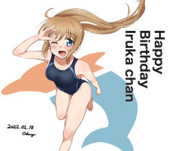  1girl barefoot black_one-piece_swimsuit blonde_hair blue_eyes collarbone commentary_request competition_swimsuit dolphin feet_out_of_frame happy_birthday highres long_hair love_live! love_live!_school_idol_festival odango- one-piece_swimsuit ponytail pun smile solo suda_iruka swimsuit white_background 