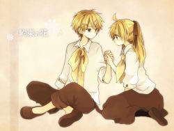  1boy 1girl ahoge anzu_(o6v6o) black_pantyhose black_ribbon blush brother_and_sister brown_footwear brown_skirt commentary_request crossed_legs genderswap genderswap_(ftm) genderswap_(mtf) hair_ornament hair_ribbon hairpin holding_hands incest kagamine_lenka kagamine_rinto long_hair looking_at_another neckerchief pantyhose ponytail ribbon shirt shoes siblings skirt song_name twincest twins vocaloid white_shirt yellow_neckerchief 