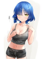  1girl bare_arms bare_shoulders black_shorts blue_hair bocchi_the_rock! breasts cleavage clenched_teeth clothes_pull collarbone commentary cowboy_shot green_eyes hair_ornament hairpin hands_up highres kikugawa_roku light_blush looking_at_viewer medium_breasts mole mole_under_eye navel shirt shirt_pull short_hair shorts solo sweat t-shirt teeth translated white_background yamada_ryo 