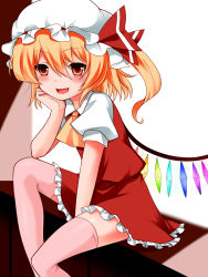  1girl bad_id bad_pixiv_id blonde_hair blush elbow_rest fang flandre_scarlet hat head_rest highres kitarow pink_thighhighs red_eyes side_ponytail smile solo thighhighs touhou wings 