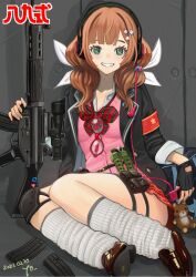 acog armband assault_rifle bag black_gloves black_jacket blunt_bangs blush breasts brown_footwear brown_hair clenched_teeth digital_media_player explosive fingerless_gloves girls&#039;_frontline glasses gloves green_eyes grenade gun hair_ornament hair_ribbon hand_gesture headphones highres hirasawa_you holding holding_gun holding_weapon howa_type_89 howa_type_89_(girls&#039;_frontline) jacket knee_pads less-than-lethal_weapon long_hair long_neck looking_at_viewer loose_socks m84_stun_grenade magazine_(weapon) pink_shirt pouch red_armband red_ribbon red_skirt ribbon rifle scope shirt simple_background single_knee_pad sitting skirt small_breasts smile socks stuffed_animal stuffed_toy stun_grenade teddy_bear teeth thigh_pouch thigh_strap thighs weapon white_ribbon