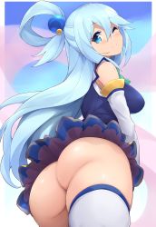 1girl aqua_(konosuba) ass bare_shoulders blue_eyes blue_hair blush breasts commentary_request detached_sleeves from_behind from_below hair_between_eyes hair_ornament hair_rings highres huge_ass jampen kono_subarashii_sekai_ni_shukufuku_wo! large_breasts long_hair looking_at_viewer no_panties one_eye_closed smile solo thick_thighs thighhighs thighs white_thighhighs rating:Sensitive score:224 user:danbooru