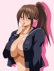 00s 1girl blush breasts brown_eyes brown_hair cleavage covered_erect_nipples eyes_visible_through_hair finger_in_own_mouth highres ichigo_100_percent inabakun00 kitaooji_satsuki large_breasts long_hair looking_at_viewer matching_hair/eyes no_bra open_clothes open_shirt parted_lips pink_background ponytail shirt silhouette simple_background solo upper_body rating:Questionable score:5 user:Qwertyuiop999