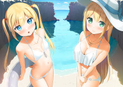  2girls apollo_(hu_maple) bare_shoulders beach bikini blonde_hair blue_eyes blush bow breasts collarbone comiket_102 covering_crotch covering_privates day front-tie_bikini_top front-tie_top green_eyes hair_bow hair_ornament hat hat_bow highres holding holding_behind_back holding_swim_ring innertube jewelry large_breasts long_hair looking_at_viewer multiple_girls navel necklace o-ring o-ring_bikini o-ring_bottom open_mouth original outdoors ring ring_necklace rock sidelocks small_breasts smile stomach summer swim_ring swimsuit twintails white_bikini white_swimsuit  rating:Sensitive score:35 user:danbooru