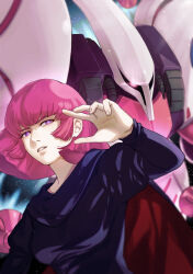  1girl artist_logo black_dress breasts bright_pupils cape commentary_request dress exhaust funnels_(gundam) glowing glowing_eye gundam haman_karn hand_up long_sleeves looking_at_viewer mecha medium_breasts mobile_suit one-eyed open_hand parted_lips pink_hair purple_eyes qubeley red_cape robot science_fiction short_hair teeth upper_body ususio_11 white_pupils zeta_gundam 