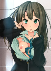  10s 1girl adjusting_hair against_wall aqua_eyes arm_up armpits bad_id bad_pixiv_id blush breast_slip breasts brown_hair cardigan collarbone earrings highres ichinose_yuu idolmaster idolmaster_cinderella_girls jewelry long_hair looking_at_viewer necklace necktie nipples no_bra one_breast_out open_clothes open_shirt parted_lips school_uniform shibuya_rin shirt solo unbuttoned  rating:Questionable score:60 user:danbooru