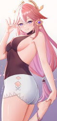  1girl absurdres alternate_costume animal_ears ass bare_arms bare_shoulders barefoot blush breasts commentary_request crossed_bangs fox_ears fox_shadow_puppet from_side genshin_impact hair_ornament hand_up highres large_breasts long_hair looking_at_viewer mitsukayurie parted_lips pink_hair purple_eyes shorts smile solo thighs white_shorts yae_miko  rating:Sensitive score:17 user:danbooru