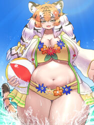  1girl :3 animal_ears ball beachball belly bikini breasts fangs flower hair_flower hair_ornament highres hood hoodie kemono_friends large_breasts long_hair mo23 multicolored_hair open_clothes open_hoodie open_mouth orange_hair plump siberian_tiger_(kemono_friends) smile solo swimsuit tail thick_thighs thighs tiger_ears tiger_girl tiger_stripes tiger_tail wading water wet white_hair yellow_bikini yellow_eyes  rating:Sensitive score:19 user:danbooru