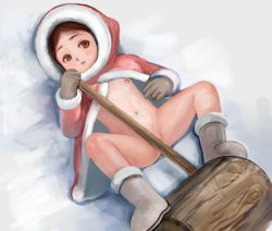  1girl blush boots bottomless cloak coat convenient_censoring flat_chest from_above gloves hammer hetagaki ice_climber loli lying mallet nana_(ice_climber) nintendo on_back snow solo tagme 
