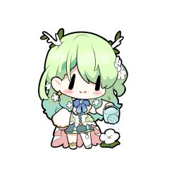 1girl absurdres anklet antlers blue_bow blue_bowtie blue_dress blush_stickers bow bowtie ceres_fauna ceres_fauna_(1st_costume) chibi chibi_only closed_mouth commentary dress flower full_body gradient_hair green_hair highres holding holding_watering_can hololive hololive_english horns jewelry layered_dress long_hair long_sleeves multicolored_hair one_side_up pink_dress short_dress simple_background single_thighhigh skirt_under_dress smile snowmya solo thighhighs two-sided_dress two-sided_fabric virtual_youtuber watering watering_can white_background white_dress white_thighhighs wide_sleeves |_| 