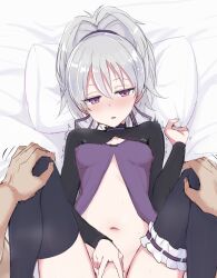  1boy 1girl bad_id bad_twitter_id bed_sheet black_thighhighs blush breasts commentary covered_erect_nipples cropped darker_than_black front_slit grey_hair hair_between_eyes hair_ribbon hands_on_another&#039;s_knees hetero high_ponytail highres implied_sex long_sleeves lying m_legs missionary navel nonono_(mino) on_back out-of-frame_censoring parted_lips pillow pillow_grab pink_eyes pov pov_hands ribbon small_breasts solo_focus spread_legs sweat thighhighs trembling yin_(darker_than_black)  rating:Explicit score:38 user:danbooru