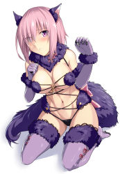  1girl animal_costume animal_ears blush breasts elbow_gloves fate/grand_order fate_(series) gloves halloween_costume looking_at_viewer mash_kyrielight mash_kyrielight_(dangerous_beast) navel official_alternate_costume pink_eyes pink_hair purple_gloves purple_thighhighs shiseki_hirame short_hair simple_background sitting solo thighhighs wariza white_background  rating:Sensitive score:22 user:danbooru