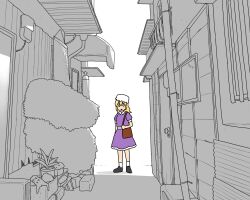  1girl :o bag blonde_hair blush brown_bag bush cover cover_page crossed_bangs door dress frilled_dress frills greyscale hair_between_eyes hat koyama_shigeru lead_pipe light_blush maribel_hearn medium_hair mob_cap monochrome outdoors partially_colored plant potted_plant purple_dress shoulder_bag solo touhou white_background window 