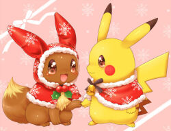 aimi_(aimia492) bell blush brown_eyes christmas closed_mouth creatures_(company) eevee game_freak gen_1_pokemon nintendo no_humans open_mouth pikachu pink_background pokemon pokemon_(creature) sitting smile standing