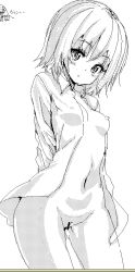 1girl bottomless breasts censored face flat_chest greyscale monochrome navel nipples oekaki open_clothes open_shirt pussy shirt short_hair small_breasts solo zizi_(zz22) rating:Explicit score:9 user:danbooru
