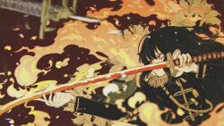  1girl aiguillette black_hair black_jacket closed_mouth epaulettes fingernails fire floating_hair flower hair_between_eyes highres holding holding_sword holding_weapon jacket katana lily_(flower) long_fingernails long_hair long_sleeves looking_ahead military_jacket original red_eyes solo sword upper_body washiya0 weapon 