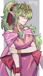  1girl absurdres bare_shoulders bracelet character_name chest_jewel dragonstone dress fire_emblem fire_emblem_awakening fire_emblem_heroes green_eyes green_hair hair_ribbon highres holding_own_arm jewelry long_hair nintendo official_alternate_costume pink_dress pointy_ears red_ribbon ribbon sidelocks silvercandy_gum sleeveless sleeveless_dress smile solo tiara tiki_(adult)_(fated_divinity)_(fire_emblem) tiki_(adult)_(fire_emblem) tiki_(fire_emblem) 