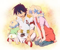 00s 1boy 1girl baby blue_hair boota_(ttgl) couple diaper family good_end happy hetero husband_and_wife if_they_mated jewelry mosako multicolored_hair nia_teppelin outstretched_hand ring simon_(ttgl) sitting smile tengen_toppa_gurren_lagann two-tone_hair  rating:Sensitive score:32 user:danbooru