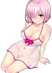 1girl arm_support breasts covered_navel dress fate/grand_order fate_(series) hair_over_one_eye highres invisible_chair large_breasts light_purple_hair looking_at_viewer mash_kyrielight mash_kyrielight_(swimsuit_of_perpetual_summer) no_bra no_panties official_alternate_costume onaka_(pixiv11820960) purple_eyes see-through short_hair sitting smile solo sweat wet white_background rating:Questionable score:26 user:danbooru