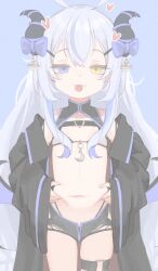  1girl absurdres akugaki_koa belly_grab bikini black_coat black_shorts blue_bow blue_trim boresama bow buckle chest_belt coat cowboy_shot demon_girl demon_horns demon_wings diamond-shaped_pupils diamond_(shape) fang grey_hair hashtag-only_commentary heart heart-shaped_buckle heterochromia highleg highleg_panties highres horn_bow horn_ornament horns idol_corp light_blue_background long_hair looking_at_viewer micro_shorts navel off_shoulder panties pastel_colors pinching shorts shrug_(clothing) skin_fang skindentation solo swimsuit symbol-shaped_pupils thigh_strap tongue tongue_out torn_clothes torn_shorts underwear virtual_youtuber white_bikini wings 