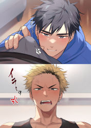 2boys anger_vein angry black_hair black_male_underwear black_tank_top blonde_hair blue_hoodie blush bulge crotch_grab earrings hao_(haozz) hood hood_down hoodie jewelry looking_at_another male_focus male_underwear multicolored_hair multiple_boys open_mouth original paid_reward_available paid_reward_available short_hair smile tank_top translation_request two-tone_hair undercut underwear yaoi rating:Questionable score:35 user:danbooru