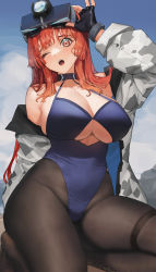  1girl absurdres arm_up black_gloves blue_one-piece_swimsuit blush breasts brown_pantyhose clothing_cutout fingerless_gloves gloves goggles goggles_on_head grey_jacket highleg highleg_swimsuit highres jacket large_breasts last_origin leprechaun_(last_origin) long_hair long_sleeves looking_at_viewer off_shoulder one-piece_swimsuit one_eye_closed open_clothes open_jacket open_mouth orange_eyes orange_hair pantyhose pantyhose_under_swimsuit sitting solo swimsuit thigh_strap tunamayo_(dsasd751) underboob_cutout very_long_hair  rating:Sensitive score:27 user:danbooru