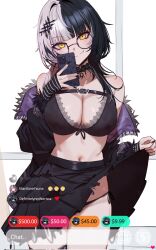  1girl bare_shoulders black_bra black_choker black_gloves black_hair black_nails black_panties black_skirt bra breasts cellphone chest_belt choker cleavage clothes_lift commentary doujenrad emoji english_commentary english_text fur_trim glasses gloves grey_hair hair_ornament highres holding holding_phone hololive hololive_english lace lace-trimmed_bra lace_trim large_breasts lifted_by_self livestream looking_at_viewer multicolored_hair navel nerissa_ravencroft official_alternate_costume panties phone pleated_skirt removing_jacket selfie shiori_novella shiori_novella_(1st_costume) side-tie_panties skirt skirt_lift smartphone smile solo split-color_hair striped_clothes striped_gloves super_chat two-tone_hair underwear user_interface virtual_youtuber white_background yagoo yellow_eyes 