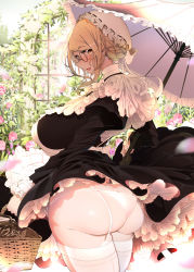  1girl ass basket blonde_hair blush breasts clothes_lift commentary_request dress dress_lift flower frills from_behind garter_belt glasses hat highres holding holding_umbrella huge_ass juliet_sleeves large_breasts long_sleeves looking_back maid mob_cap natsupoi open_mouth original panties panties_over_garter_belt parasol puffy_sleeves solo sunlight thighhighs umbrella underwear white_panties white_thighhighs yellow_eyes 