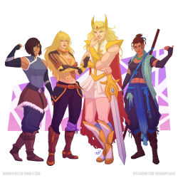  4girls abs adora_(she-ra) avatar_legends bare_shoulders beauregard_lionett black_crop_top black_pants blonde_hair blue_eyes blue_pants boots braid brown_footwear critical_role crossover dark-skinned_female dark_skin dungeons_&_dragons dungeons_&amp;_dragons elbow_gloves fingerless_gloves gauntlets gloves highres holding holding_sword holding_weapon korra lipstick long_hair makeup mechanical_arms midriff multiple_girls muscular muscular_female pants red_lips runawaylaris rwby she-ra_and_the_princesses_of_power shoulder_pads single_mechanical_arm skirt smile staff sword the_legend_of_korra tiara weapon white_footwear white_skirt yang_xiao_long yellow_gauntlets 