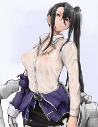  10s 1girl black_eyes black_hair breasts covered_erect_nipples hair_between_eyes highres kantai_collection large_breasts long_hair looking_at_viewer nachi_(kancolle) nipples no_bra nujima perky_breasts see-through side_ponytail solo torn_clothes very_long_hair wet wet_clothes  rating:Questionable score:42 user:danbooru