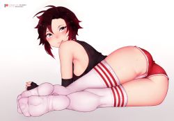 1girl ass black_hair bluefield breasts cleft_of_venus dolphin_shorts feet from_behind gradient_hair grey_eyes gym_shorts gym_uniform highres looking_at_viewer looking_back lying micro_shorts multicolored_hair no_shoes on_side panties panty_peek red_hair red_shorts ruby_rose rwby shiny_skin short_hair shorts solo sweat tank_top thighhighs two-tone_hair underwear upshorts white_background white_panties white_thighhighs rating:Questionable score:335 user:danbooru