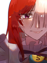 1girl absurdres closed_mouth commentary crying crying_with_eyes_open hair_over_one_eye highres long_hair multicolored_hair neck_ribbon one_piece one_piece_film:_red portrait red_hair ribbon sidelocks simple_background solo spica_(spica5f9ea0) split-color_hair tears twitter_username two-tone_hair uta_(one_piece) white_background white_hair rating:General score:1 user:danbooru