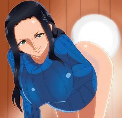  1girl animated animated_gif ass bent_over black_hair grabbing_another&#039;s_breast breasts curvy female_focus grabbing green_eyes huge_ass huge_breasts looking_at_viewer naughty_face nico_robin one_piece smile solo taroro thick_thighs thighs wide_hips  rating:Questionable score:130 user:primetime72