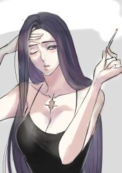  1girl absurdres anno_im black_camisole black_hair bleach camisole cigarette commentary_request hand_on_own_face highres holding holding_cigarette long_hair looking_to_the_side one_eye_closed purple_eyes purple_hair scar scar_on_chest simple_background smoke solo unohana_retsu upper_body very_long_hair 
