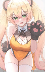  1girl absurdres alternate_costume alternate_hairstyle animal_ears animal_hands bear_cutout bear_ears bear_paws blonde_hair blush breasts cleavage cleavage_cutout clothing_cutout commentary covered_navel gloves gradient_hair green_eyes hair_between_eyes highleg highleg_leotard highres hololive large_breasts leotard long_hair mofu07519 momosuzu_nene multicolored_hair orange_leotard paw_gloves solo thighhighs twintails virtual_youtuber white_thighhighs  rating:Sensitive score:20 user:danbooru