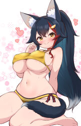  1girl animal_ear_fluff animal_ears arm_behind_back bikini black_hair blush breasts brown_eyes choker commentary_request covered_erect_nipples crossed_bangs floral_background hair_ornament heart highres hololive kani_bonara large_breasts long_hair looking_at_viewer multicolored_hair navel ookami_mio ponytail red_choker red_hair sitting skindentation smile solo streaked_hair swimsuit tail very_long_hair virtual_youtuber wariza white_background wolf_ears wolf_girl wolf_tail yellow_bikini 