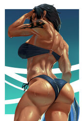  1girl adjusting_hair ass back bare_shoulders bikini black_hair blue_bikini blue_eyes border breasts cowboy_shot dark-skinned_female dark_skin earrings final_fantasy final_fantasy_xiii from_behind hand_on_own_head highres holding holding_towel jewelry large_breasts long_hair looking_at_viewer looking_back median_furrow mon_eree muscular muscular_female o-ring o-ring_top oerba_yun_fang second-party_source shiny_skin shoulder_tattoo side-tie_bikini_bottom skindentation solo swimsuit tattoo thighs towel water_drop wet wet_clothes wet_swimsuit white_border 