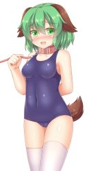 1girl animal_ears arm_behind_back bdsm blush collar collarbone covered_navel dog_ears dog_tail embarrassed floppy_ears green_eyes green_hair highres kasodani_kyouko leash looking_at_viewer matching_hair/eyes one-piece_swimsuit open_mouth school_swimsuit simple_background smile solo standing swimsuit tail thighhighs touhou white_background white_thighhighs yuu_(yu0221f) rating:Sensitive score:16 user:danbooru