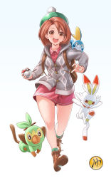 1girl absurdres ankle_boots ankle_socks aqua_background arms_up backpack bag boots brown_bag brown_eyes brown_footwear brown_hair cardigan commentary creature creature_on_shoulder creatures_(company) cross-laced_footwear dress english_commentary full_body game_freak gen_8_pokemon gloria_(pokemon) gradient_background green_legwear grey_cardigan grookey hat highres holding holding_poke_ball mark_henry_bustamante nintendo on_shoulder open_mouth poke_ball pokemon pokemon_(creature) pokemon_swsh red_dress running scorbunny short_hair signature simple_background sobble socks starter_pokemon_trio tam_o&#039;_shanter teeth upper_teeth_only white_background