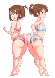 2girls absurdres ass breasts brown_eyes brown_hair female_focus flat_chest from_side full_body hair_between_eyes hair_ornament highres hirasawa_ui hirasawa_yui k-on! kyojiri_loli loli looking_at_viewer multiple_girls panties ponytail short_hair simple_background small_breasts thick_thighs thighs tiptoes triagorodri underwear wide_hips  rating:Questionable score:424 user:BakaLolicon