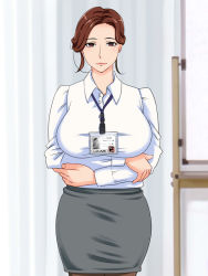  1girl belted belted_dress breast_hold breasts brown_eyes brown_hair clasped_dress dress female_focus huge_breasts looking_at_viewer mature_female office_lady shirt short_hair skirt solo standing tetsukui tight_dress  rating:Sensitive score:55 user:Xander
