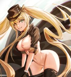  1girl absurdres azur_lane bare_pussy black_gloves black_hat black_shirt black_thighhighs blonde_hair bottomless breasts breasts_out cleft_of_venus clothes_writing commentary cowboy_hat english_commentary floating_hair gloves green_eyes grin hair_between_eyes hat highres hornet_(azur_lane) hornet_ii_(azur_lane) large_breasts long_hair looking_at_viewer mikasciii mound_of_venus navel nipples no_bra no_panties no_pants pussy shirt short_sleeves shrug_(clothing) sidelocks skindentation smile solo standing stomach teeth thighhighs torn_clothes torn_thighhighs twintails uncensored very_long_hair 