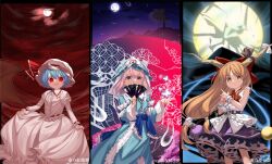  3girls bat_wings blue_hair blue_headwear blue_kimono blue_ribbon blue_skirt bow brown_wings buttons center_frills chain closed_mouth collared_shirt embodiment_of_scarlet_devil fang fingernails folding_fan frilled_shirt_collar frilled_skirt frills gourd hair_between_eyes hair_bow hand_fan hat hat_ribbon highres holding holding_fan horn_ornament horn_ribbon horns ibuki_suika immaterial_and_missing_power japanese_clothes juliet_sleeves keiki8296 kimono long_hair long_sleeves mob_cap multiple_girls oni_horns open_mouth orange_eyes orange_hair perfect_cherry_blossom pink_eyes pink_hair puffy_sleeves red_bow red_eyes red_ribbon remilia_scarlet ribbon saigyouji_yuyuko shirt short_hair skin_fang skirt slit_pupils smile torn_clothes torn_sleeves touhou triangular_headpiece upper_body white_headwear white_shirt white_skirt wide_sleeves wings wrist_cuffs 