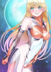  1girl absurdres aino_minako arion_canvas blonde_hair blue_eyes blush bodysuit breasts covered_erect_nipples highres large_breasts long_hair looking_at_viewer magical_girl moon sailor_venus skin_tight smile solo taimanin_(series) taimanin_suit 
