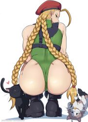  1girl absurdres ahoge antenna_hair ass bare_shoulders beret blonde_hair blue_eyes boots braid cammy_white cat chest_harness combat_boots commentary english_commentary from_behind green_leotard harness hat heart highleg highleg_leotard highres huge_ahoge leotard long_hair looking_at_viewer looking_back median_furrow patreon_username playing_with_another&#039;s_hair red_beret shadow solo squatting street_fighter toned_female twin_braids very_long_hair white_background zero_momentai  rating:Sensitive score:8 user:danbooru